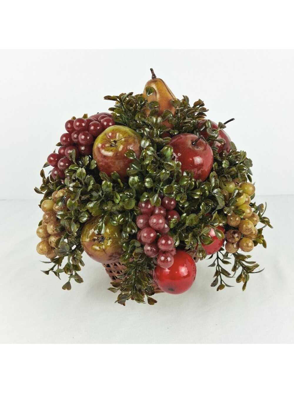 MCM Faux Fruit in a Woven Basket w/ Lacquered Fruit-Grapes, Apples, and Pears